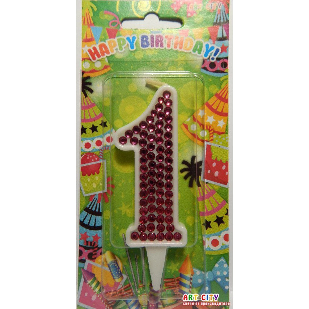 Свеча цифра в торт белая +стразы (цвет Фукция)- 1