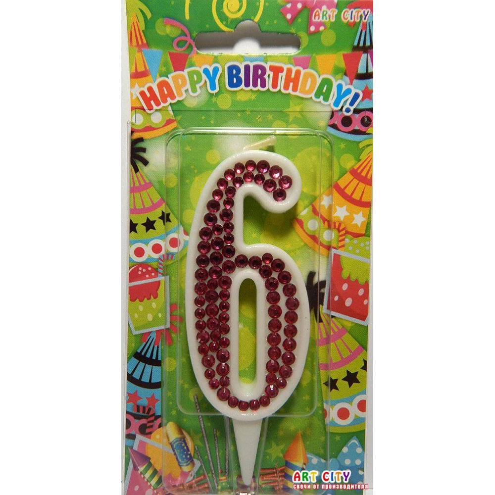 Свеча цифра в торт белая +стразы (цвет Фукция)- 6