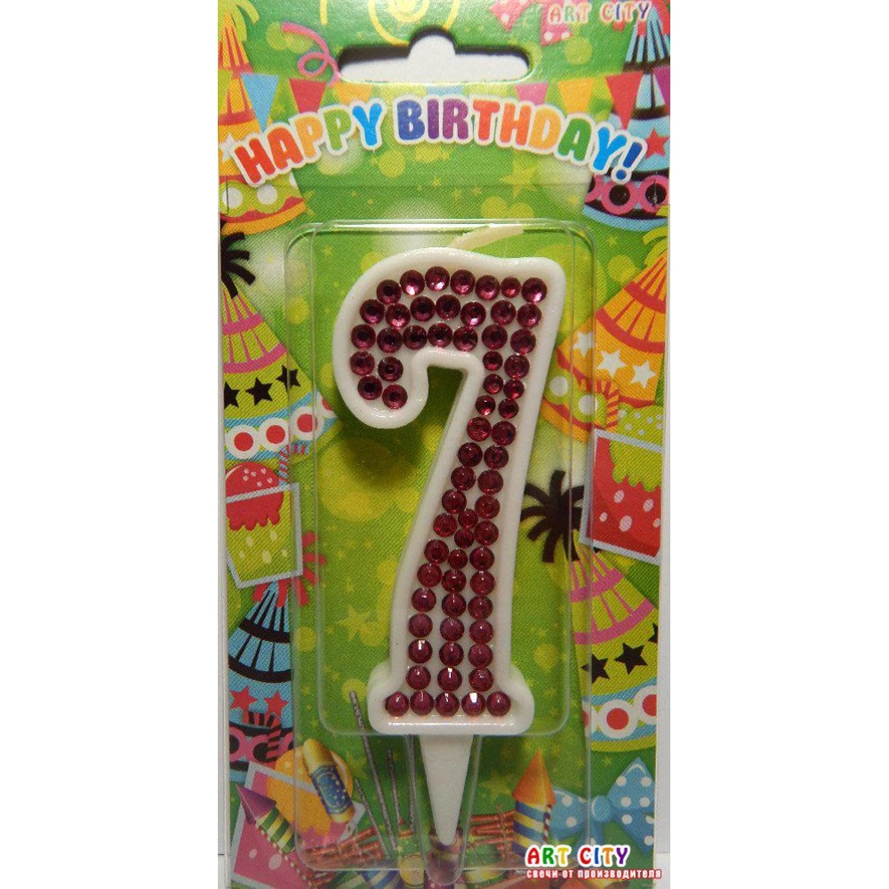 Свічка цифра в торт біла +стрази (колір Фукции)- 7