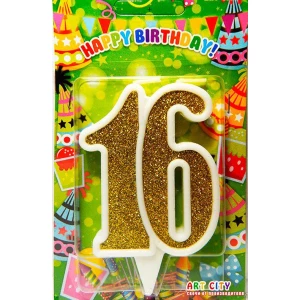Зображення товара -  Свічка в торт на ювілей “Цифра 16“ Золото з білою окантовкою
