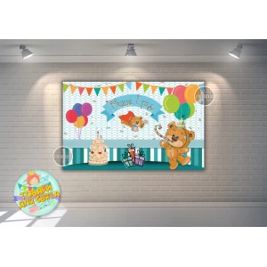 Изображение товара - Плакат “Мишка с тортиком и шариками“ 120х75 см на детский День рождения - Индивидуальная надпись