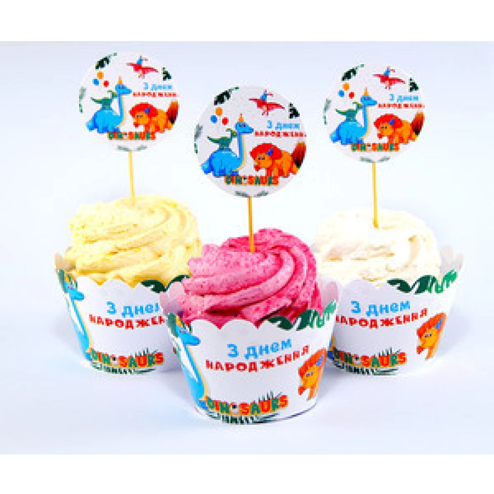 Набор для капкейков: “Динозаврики“ (6шт/уп) (топперы и накладки на корзинки)(Картон) -