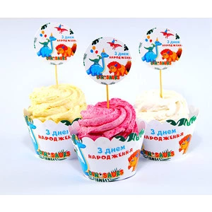 Изображение товара -  Набор для капкейков: “Динозаврики“ (6шт/уп) (топперы и накладки на корзинки)(Картон) -