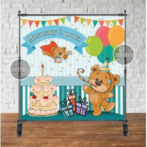 Изображение товара - Баннер 2х2м “Мишка с тортиком и шарами“ - Фотозона (виниловый) на день рождения (без каркаса) - Индивидуальная