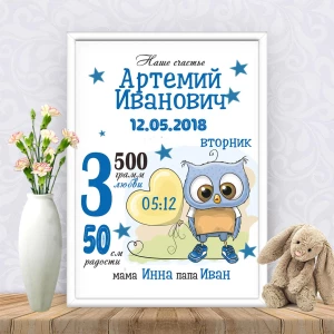 Изображение товара - Метрика “Совенок с шариком“ Печать + оформление в рамку А3 или 30х40