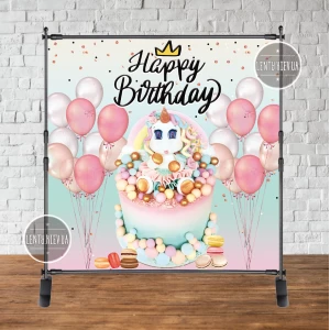 Изображение товара - Баннер 2х2м. “Единорожек-декор для торта и торт“ HAPPY - Фотозона (виниловый) на день рождения (без каркаса)
