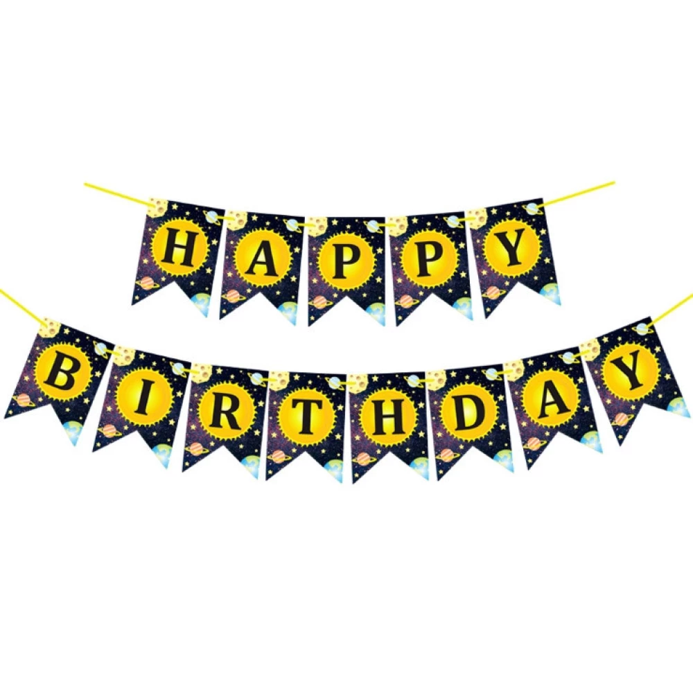 Гирлянда флажки в стиле “Космос“ (разноцветные) (13-ть флажков) “Happy Birthday“
