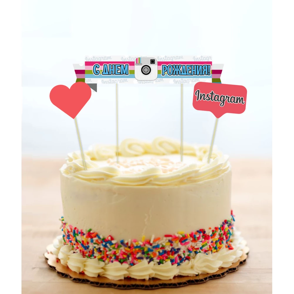 Набор Топперов в торт “Инстаграм / Instagram“ с флажком-  топпер КАРТОН - Русский
