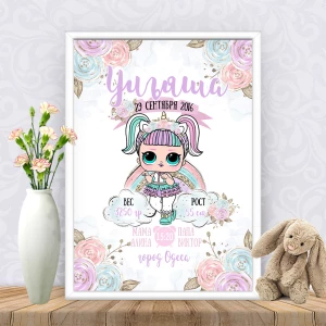 Изображение товара -  Метрика “Кукла ЛОЛ Единорожка“ Печать + оформление в рамку А3
