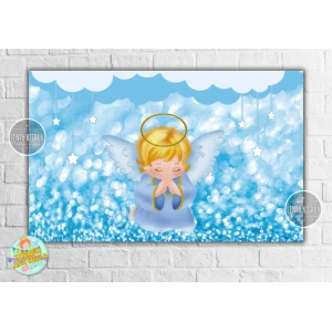 Изображение товара -  Плакат “Таїнство Хрещення / Таинство крещения“ голубой фон и ангел 120х75 см