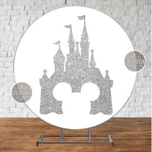 Изображение товара - Баннер/фотозона круглая (диаметр 2м) “Замок Дисней Минни Маус (серебро)“