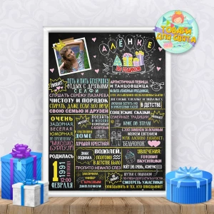 Изображение товара -  Метрика/постер достижений для девушки на юбилей - яркий дизайн Постер А3