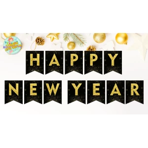 Изображение товара -  Новогодняя гирлянда “Happy New Year“ черно-золотой фон и золотые снежинки