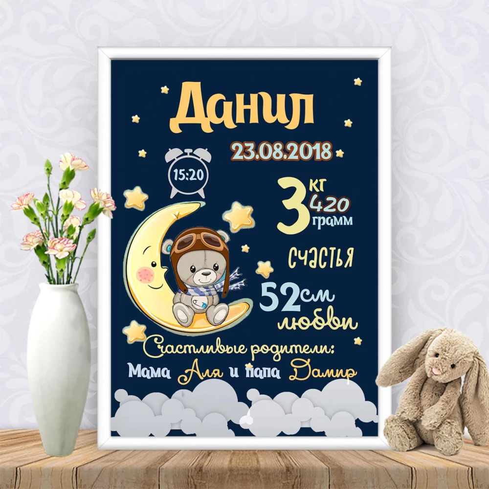 Метрика “Мишка на луне в ночном небе“ А3+рамка