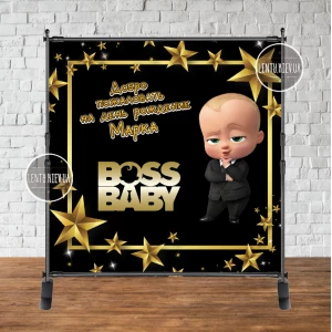 Изображение товара - Баннер 2х2м, “Босс Молокосос, черно-золотой“- Фотозона (виниловый) на день рождения Индивидуал надпись