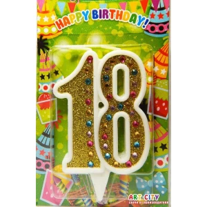 Зображення товара -  Свічка в торт на ювілей “Цифра 18“ Золото + стрази з білою окантовкою