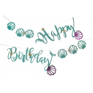 Зображення товара - Гірлянда Happy Birthday паперова вечірка в стилі русалка черепашки 3 метри (фіолетовий, бірюзовий) -