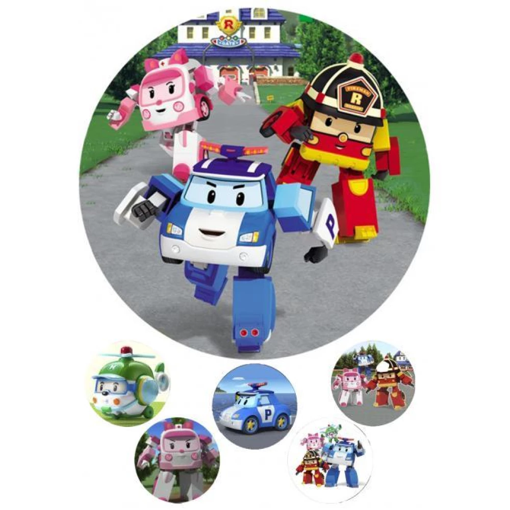Вафельна картинка на круглий торт “Робокар Полі / Поллі / Robocar Poli“ А4 - На цілий торт (1 ел.) + кекси (5 елементів)