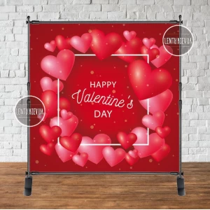 Изображение товара -  Баннер 2х2м “Happy Valentine“s Day“ рамочка и сердечки - для праздничной фотозоны (Без каркаса)