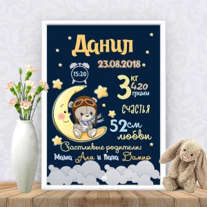 Изображение товара -  Метрика “Мишка на луне в ночном небе“ А4+рамка