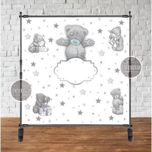 Изображение товара - Баннер 2х2м Тедди белый фон и звездочки - Фотозона (виниловый) на день рождения (без каркаса) -