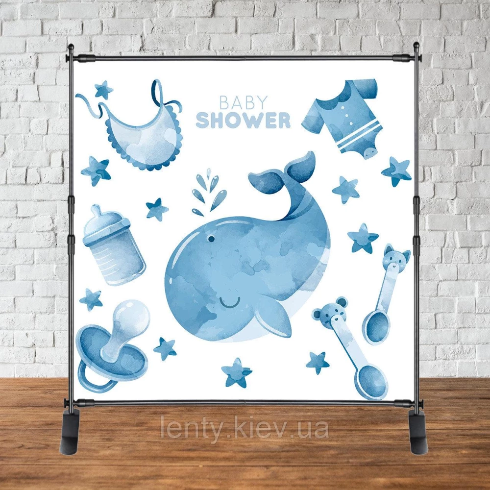 Баннер 2х2м “Baby Shower (Беби шауэр/Гендер пати)“ - Фотозона (виниловый) (Без каркаса) - Морской кит