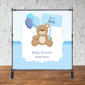 Изображение товара -  Баннер 2х2м “Baby Shower (Беби шауэр/Гендер пати)“ - Фотозона (виниловый) - Мишка с шарами