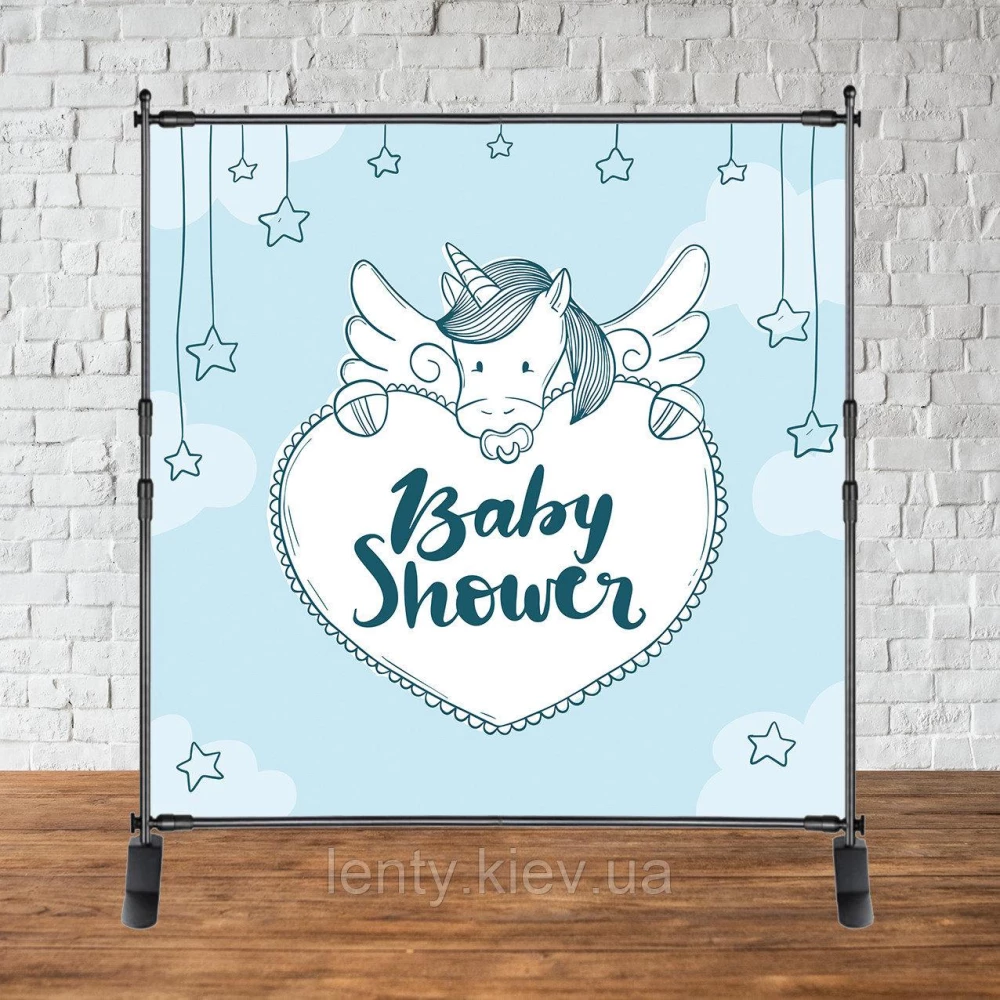 Баннер 2х2м “Baby Shower (Беби шауэр/Гендер пати)“ - Фотозона (виниловый) - Голубой фон, единорог