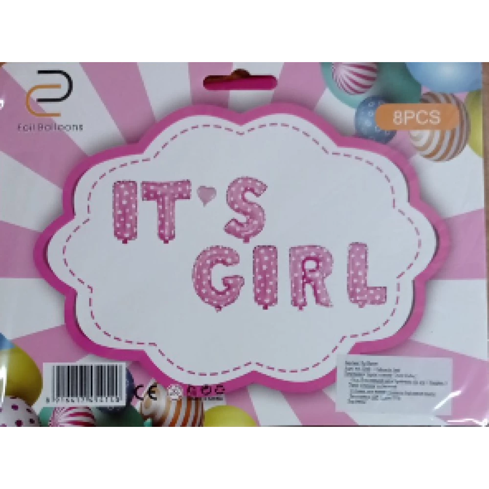 Надпись из фольгированных букв  “IT“S A GIRL“ (Розовая в сердечки)