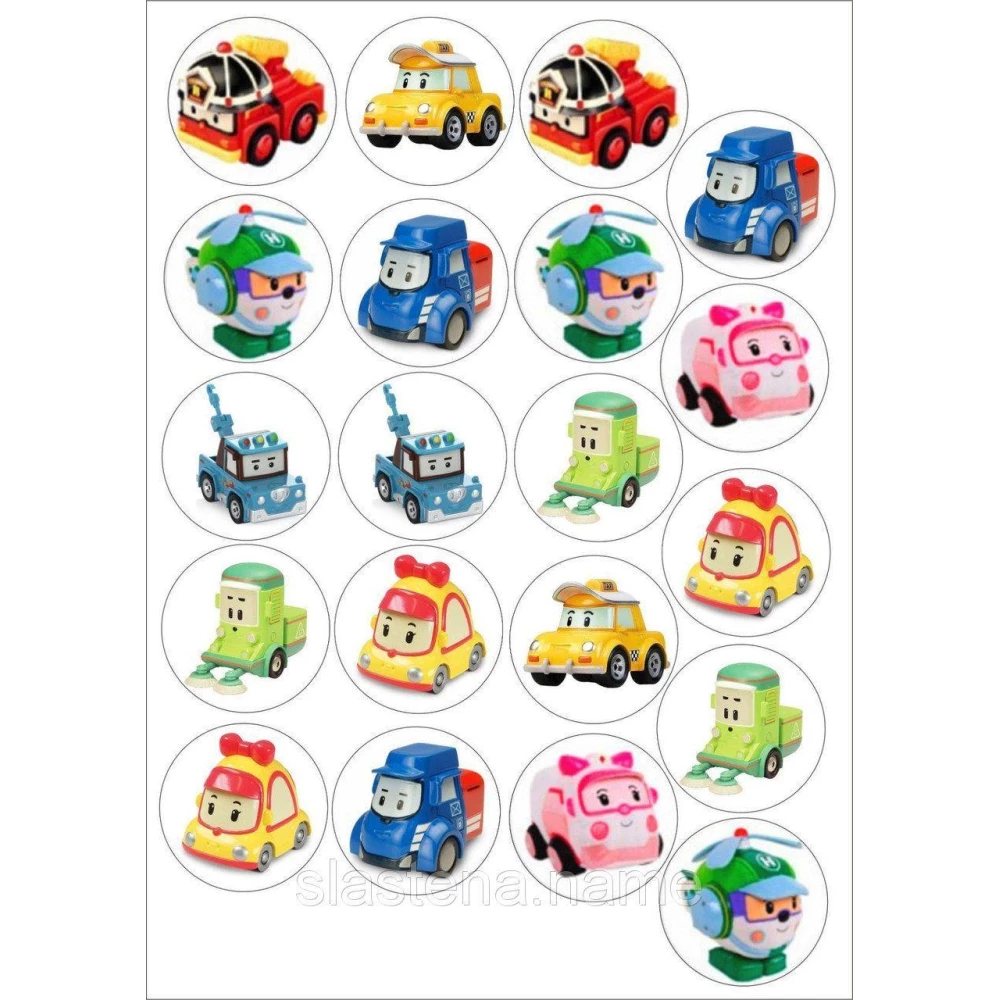 Вафельная картинка на круглый торт “Робокар Поли / Полли / Robocar Poli“ А4- На кексы (20 эл.)