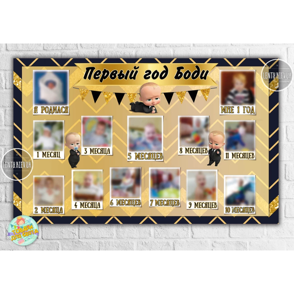 Плакат - коллаж “12 месяцев“ (Босс Молокосос русс) Золото/черный . З фотографіями 120х75 см