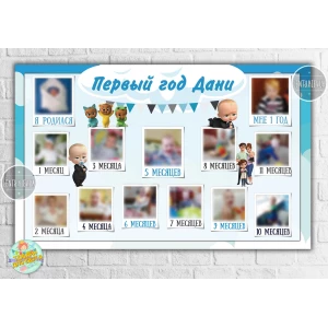 Изображение товара - Плакат-коллаж “12 месяцев“ “Босс Молокосос“ “Мой первый годик“ Голубий С фотографиями 120х75 см