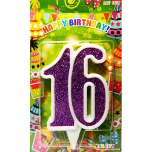 Зображення товара -  Свічка в торт на ювілей “Цифра 16“ Фіолетовий з білою окантовкою