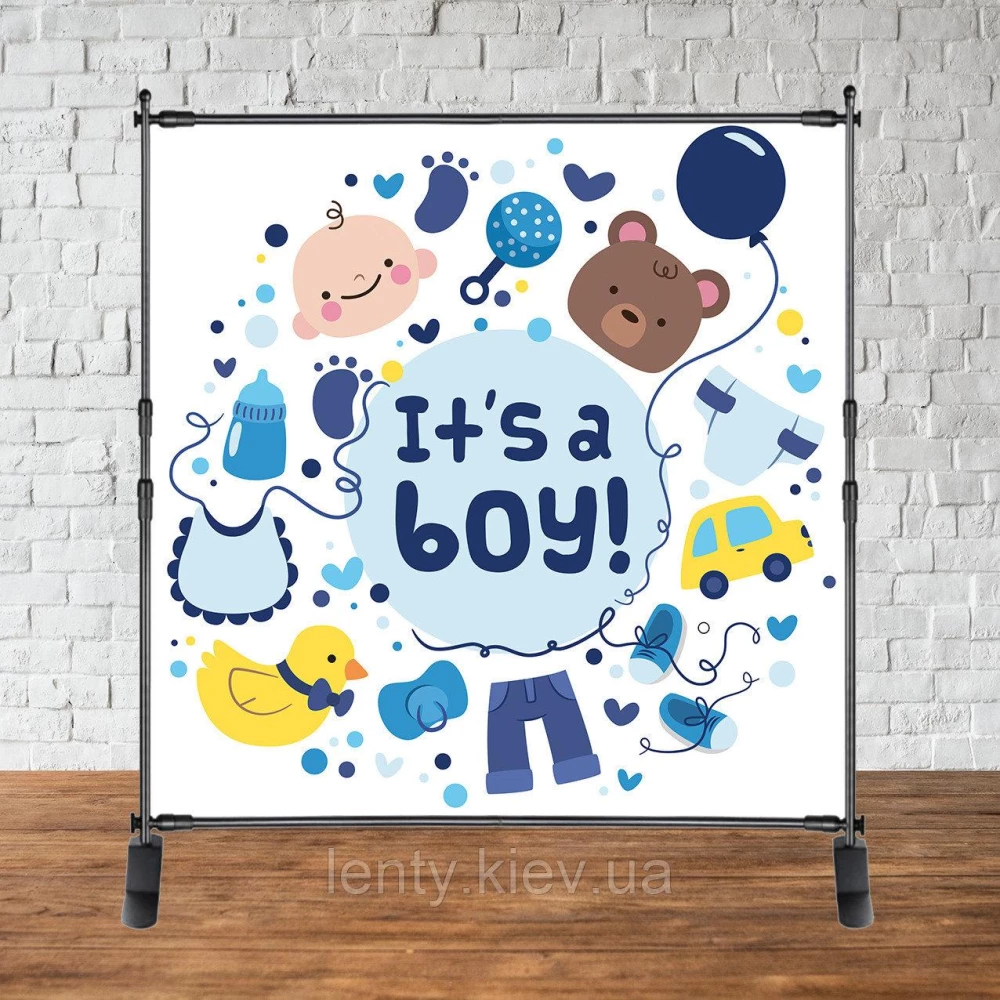 Баннер 2х2м “Baby Shower (Беби шауэр/Гендер пати)“ - Фотозона (виниловый) (Без каркаса) - Игрушки, It`s a boy