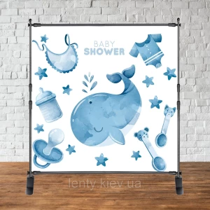 Изображение товара -  Баннер 2х2м “Baby Shower (Беби шауэр/Гендер пати)“ - Фотозона (виниловый) (Без каркаса) - Морской кит