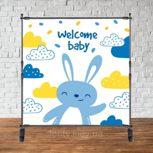 Изображение товара -  Баннер 2х2м “Baby Shower (Беби шауэр/Гендер пати)“ - Фотозона (виниловый) - Зайка, облака