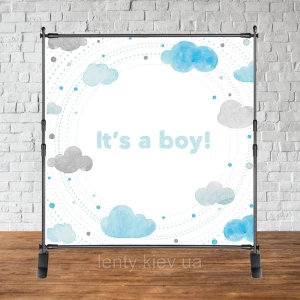 Изображение товара -  Баннер 2х2м “Baby Shower (Беби шауэр/Гендер пати)“ - Фотозона (виниловый) (Без каркаса) - Серый и голубые
