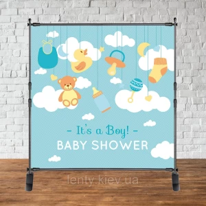 Изображение товара -  Баннер 2х2м “Baby Shower (Беби шауэр/Гендер пати)“ - Фотозона (виниловый) - Baby shower облака