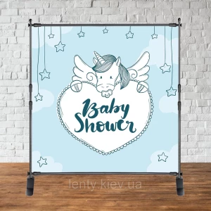 Изображение товара -  Баннер 2х2м “Baby Shower (Беби шауэр/Гендер пати)“ - Фотозона (виниловый) - Голубой фон, единорог