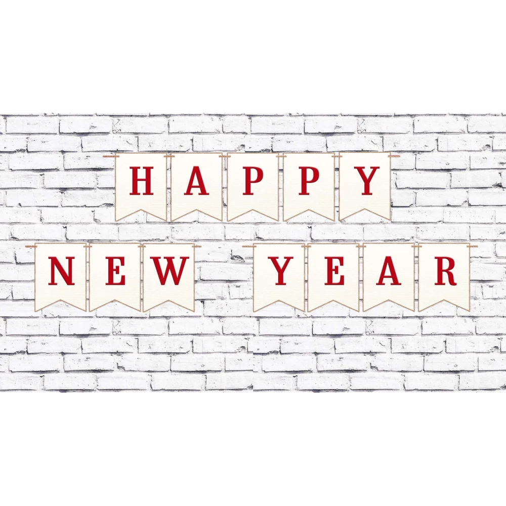 Новогодняя гирлянда “Happy New Year“ белый фон текстура, окантовка бечевка