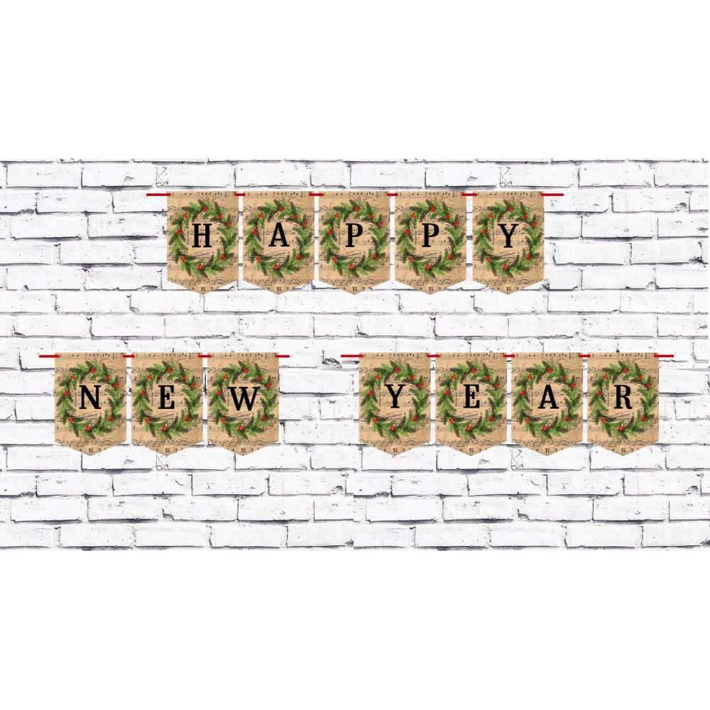 Новогодняя гирлянда “Happy New Year“ нотный ретро фон с рождественским веночком