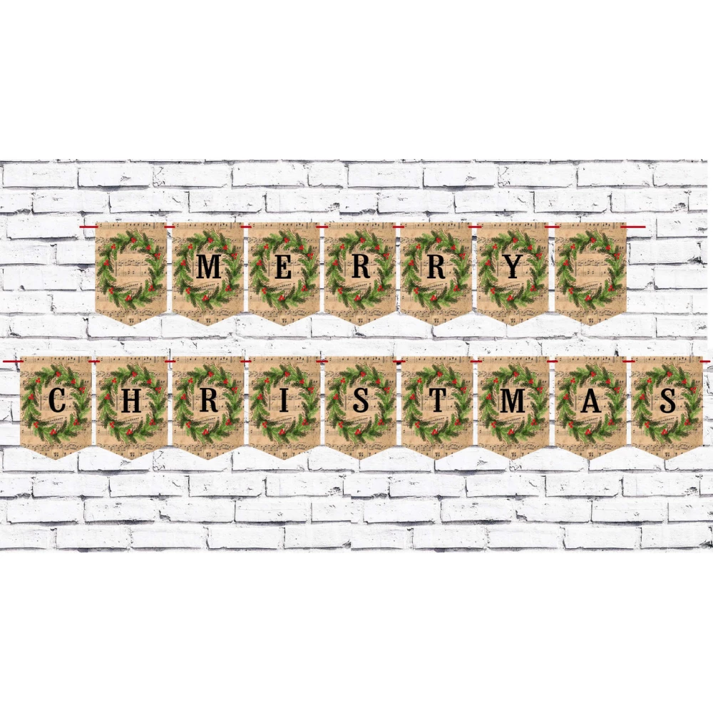 Новогодняя гирлянда “Happy New Year“ нотный ретро фон с рождественским веночком Английский - Merry Christmas