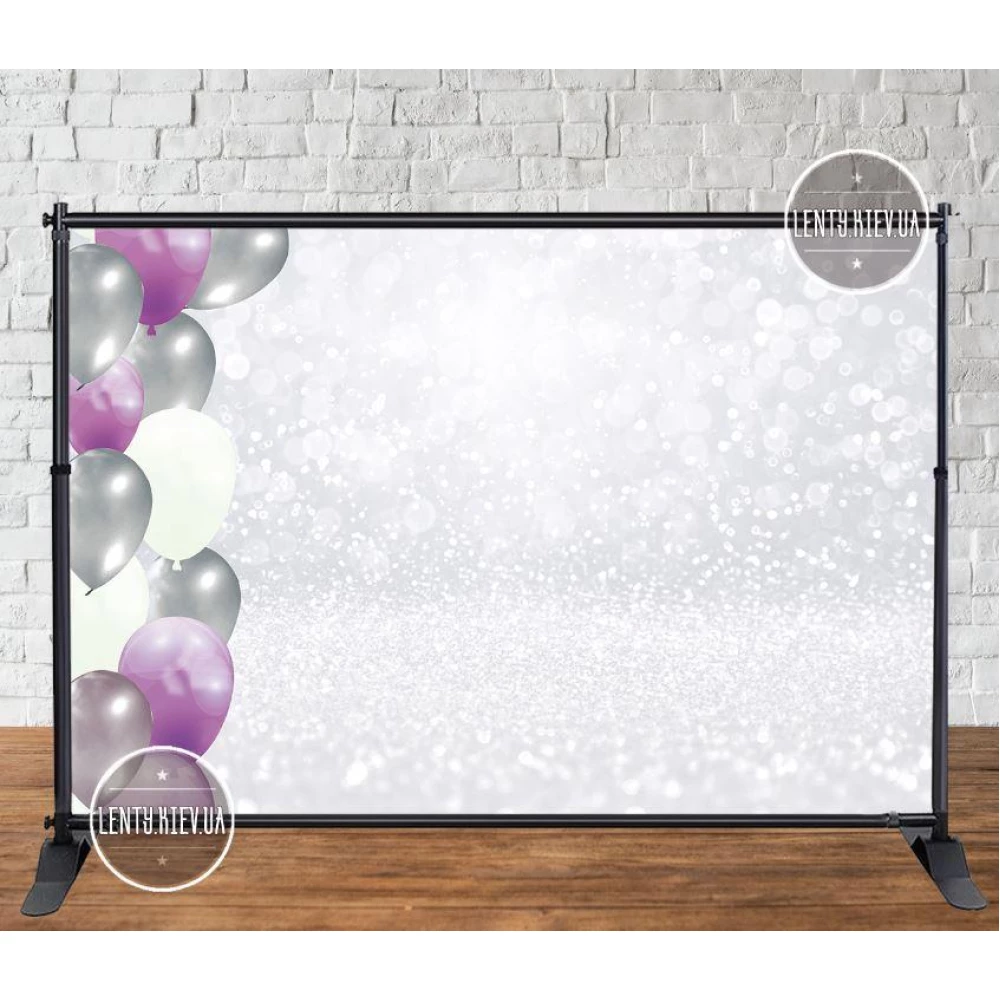 Баннер 3х2м “Фон серебряные блестки. Гирлянда из шаров“ Фотозона (виниловый) на День рождения -