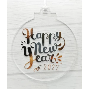 Изображение товара -  “Новогодний шар“ плоский прозрачный с надписью “Happy New Year 2024“ 10 см (Согласуйте цвет)