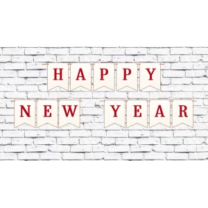 Изображение товара -  Новогодняя гирлянда “Happy New Year“ белый фон текстура, окантовка бечевка