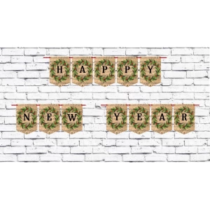 Изображение товара -  Новогодняя гирлянда “Happy New Year“ нотный ретро фон с рождественским веночком