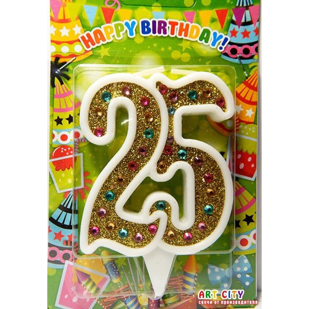 Свеча в торт на юбилей “Цифра 25“ Золото + стразы