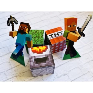 Изображение товара -  Набор декора “Майнкрафт“ для сладкого стола и подарков (2 стойки + 3 коробочки бонбоньерки) -