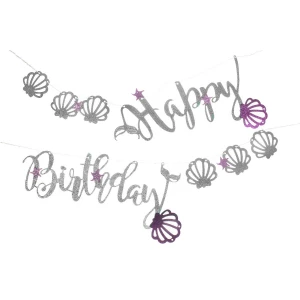 Изображение товара -  Гирлянда Happy Birthday бумажная глиттер в стиле русалка ракушки 3  метра (фиолетовый, бирюзовый,серебро) -