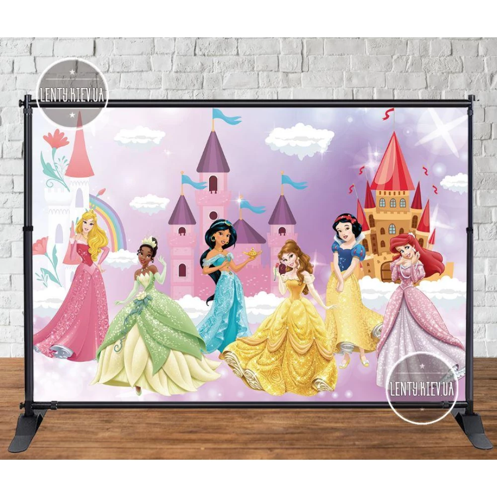 Баннер 3х2м “Принцессы Диснея, золотая рамка“ на День рождения - Фотозона (виниловый) -